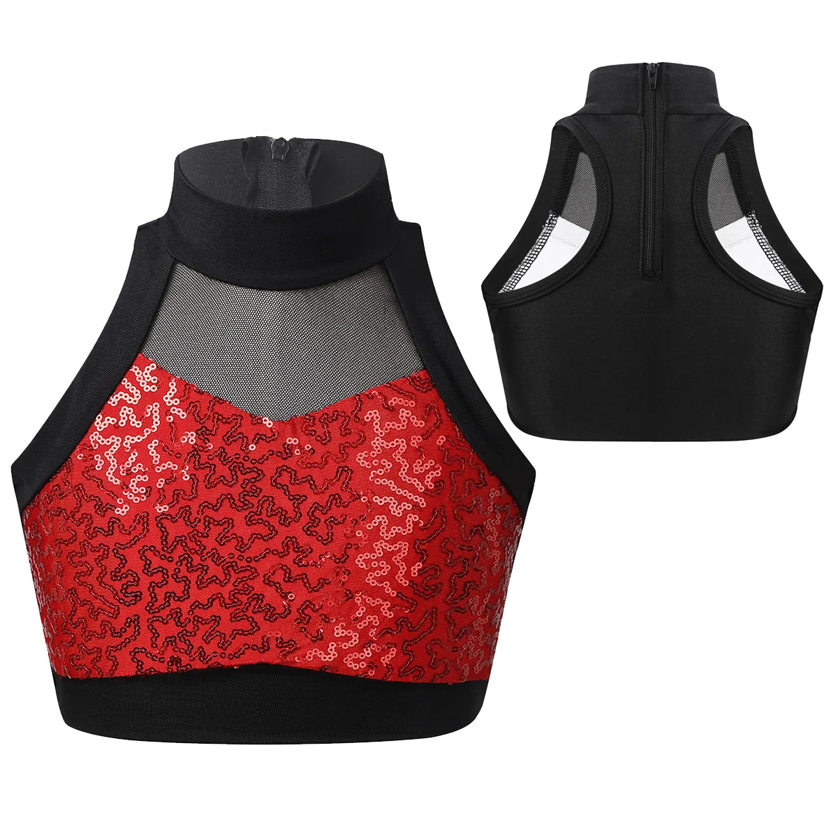 

Kids Girls Shiny Sequins Sleeveless Mesh Splice Zipper Crop Top for Ballet Jazz Gymnastics Stage Performance Workout Dancewear