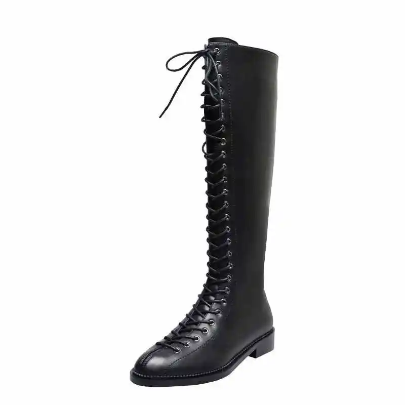Online Krazing Pot Bulat Toe Kulit Sapi Tetap Hangat Tebal Tumit Rendah Eropa Modern Streetwear Penuh Renda Naik Paha Tinggi Sepatu L37