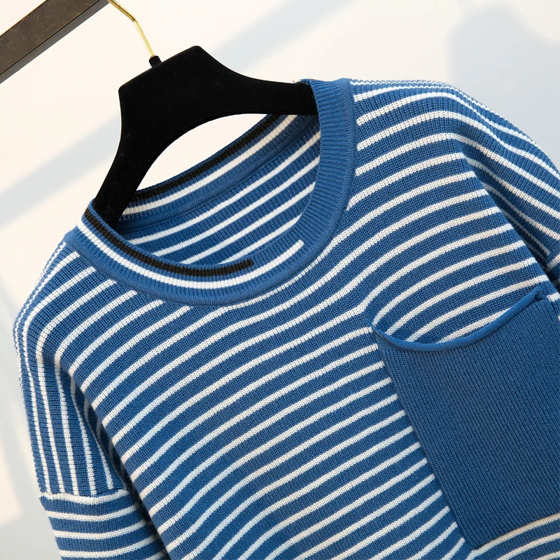 Новая женская одежда большого размера слегка толстый мм полосатый трикотажный