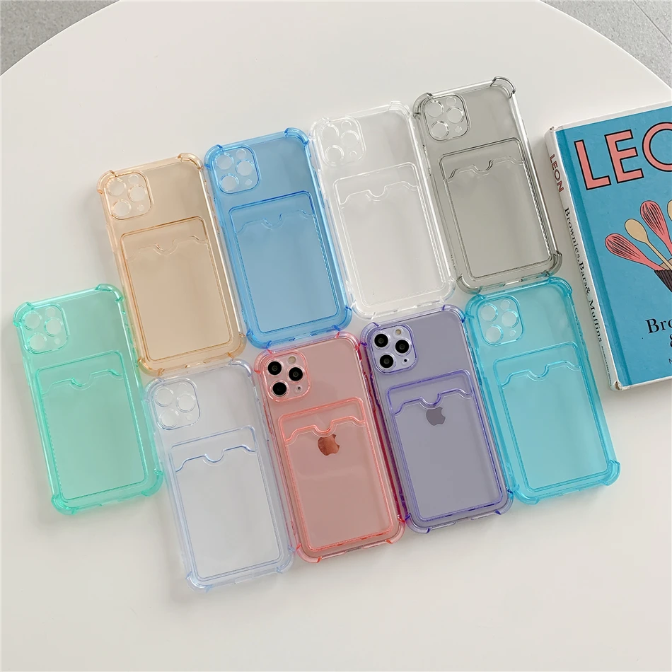 

Candy Color Shockproof Soft TPU Clear Phone Case For iPhone 11 12 Pro XS MAX 7 8 Plus XR SE 2020 Card Holder Pocket Back Cover