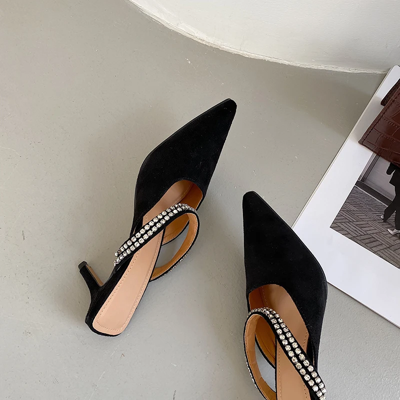 

2021 New Arrivals Pointed Toe Suede Shallow Thin High Heels Slip On Mules Flock Rhinestone Hollow Design Casual Pumps Size 35-39