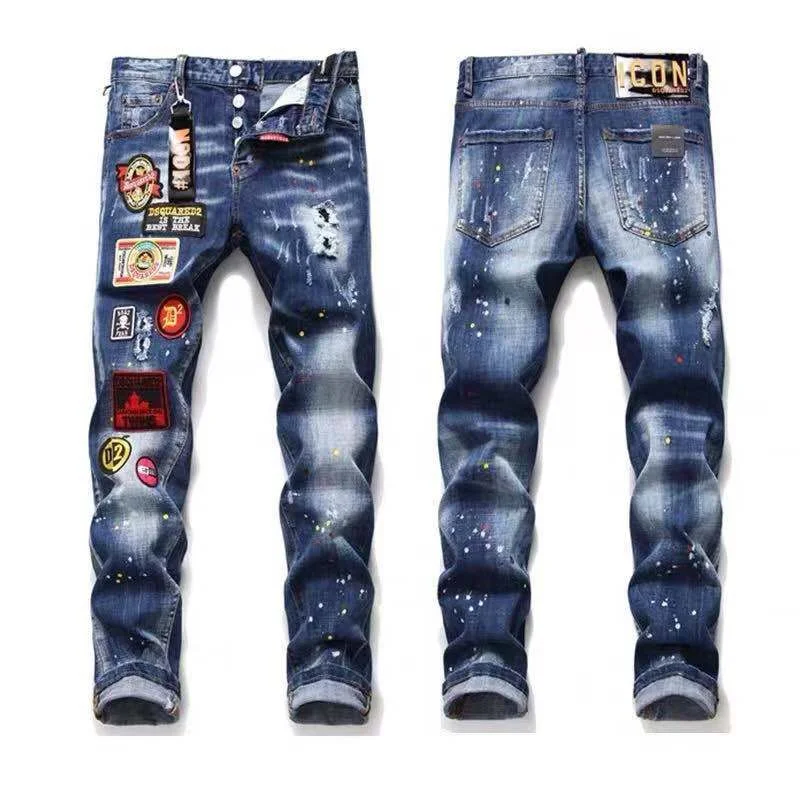 

2021 European and American embroidery splash ink Dsquared2 jeans men's stretch self-cultivation ripped badge D2 denim pants DSQ