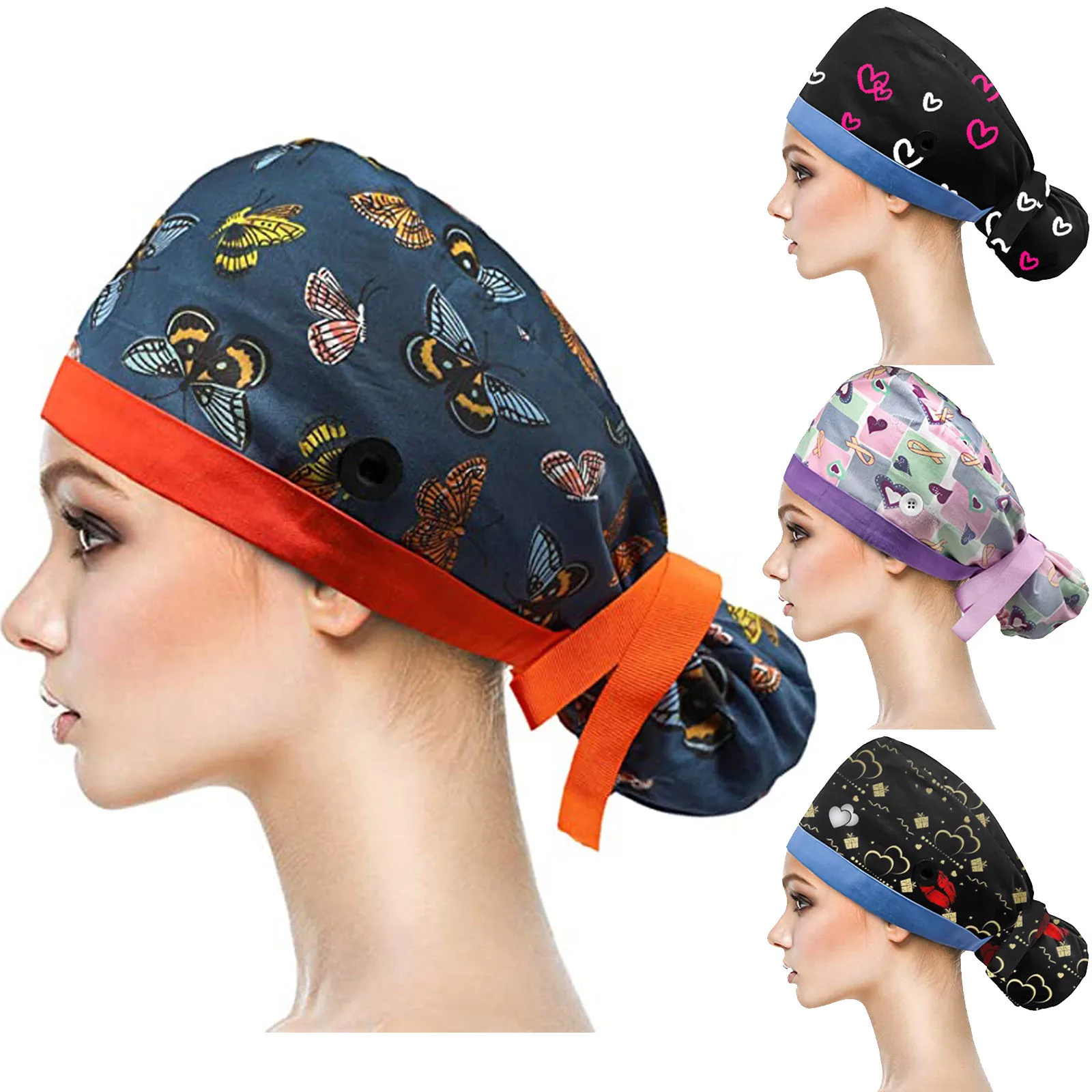 

2021 Cute Womens Print Nurse Hat Cotton Scrub Cap With Buttons Bouffant Hat With Sweatband for Womens and Mens Nurse Accessories