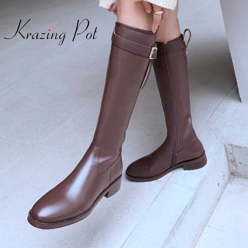 

krazing pot big size genuine leather round toe med heel riding boots young lady streetwear handsome zipper thigh high boots L46