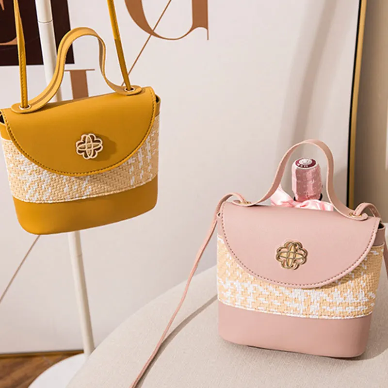 

Соломенная плетеная Сумка через плечо из искусственной кожи, женская маленькая сумка с контрастными цветами, сумка-мешок, кошелек, хит прод...