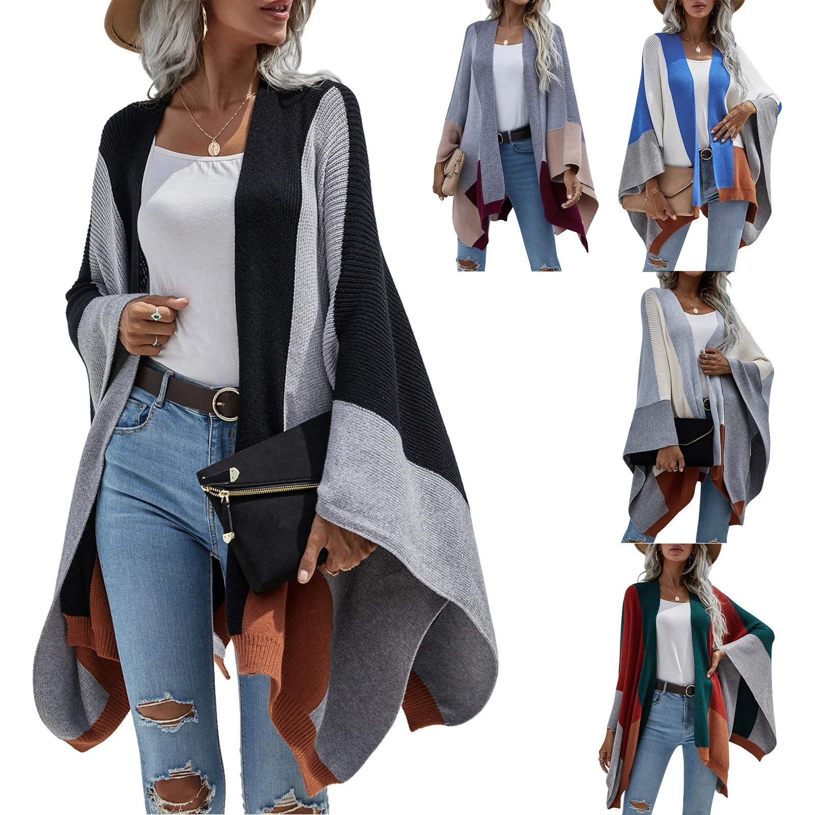 

Women Autumn Cardigan Splicing Color Long Sleeve Open Front Loose Knitted Coat for Girls, 4 Colors