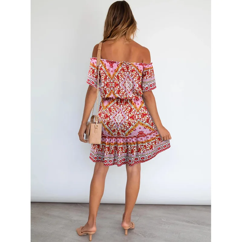 

New Women's Fashion Printed Short Sleeve Off Shoulder Bohemian Dress