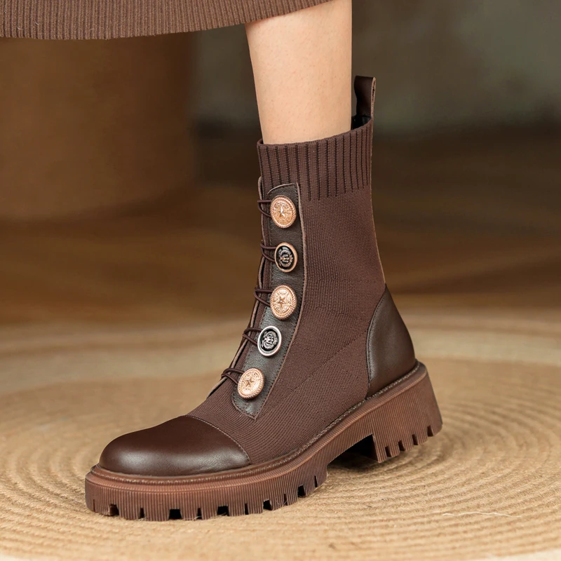 

Autumn Winter 2021 New Knitted Socks Boots Thick Soled Elastic Boots Vintage Shoes Woman Height Increasing Short Boots Botines