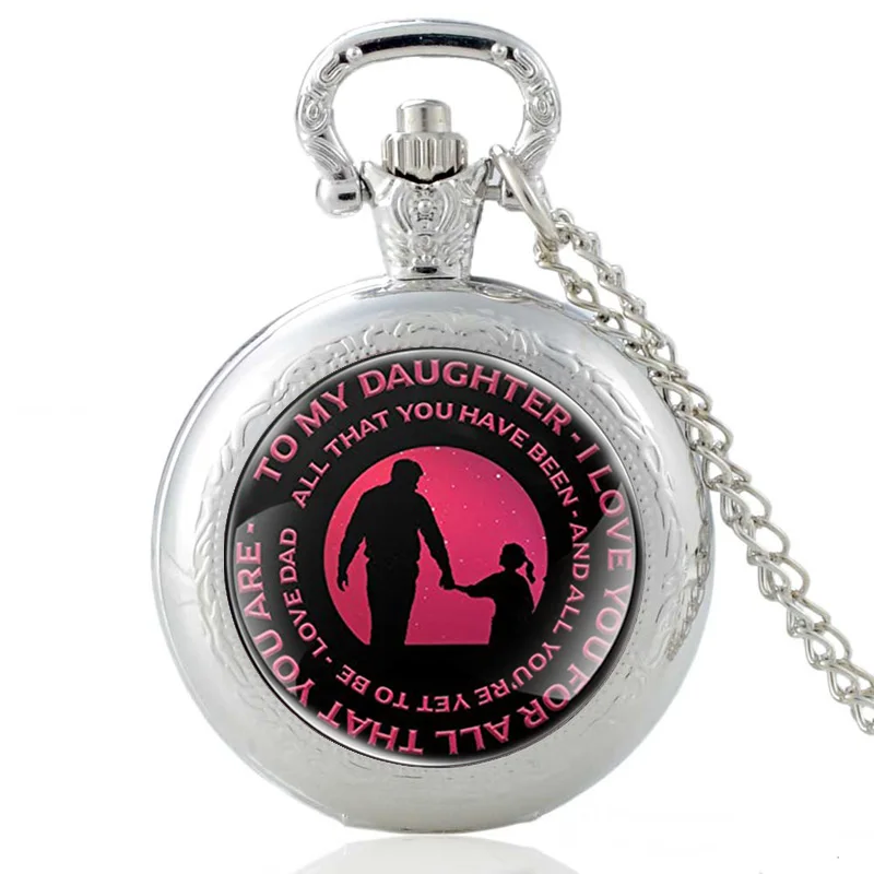 

Fashion TO MY DAUGHTER Quartz Glass Dome Pocket Watch Metal Long Chain Necklace Pendant Jewelry Children's Day Fob Watch Gift