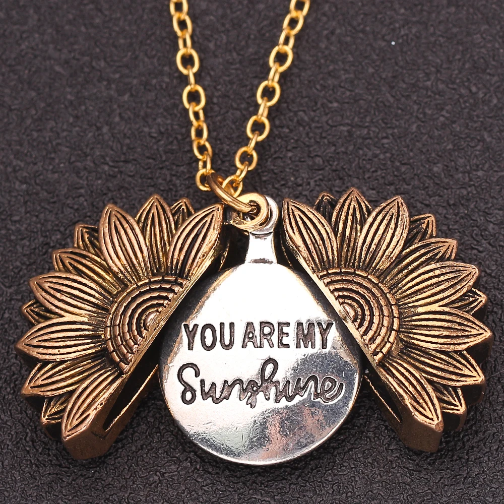 

Dropshipping 2019 New Women Gold Necklace Custom You are my sunshine Open Locket Sunflower Pendant Necklace