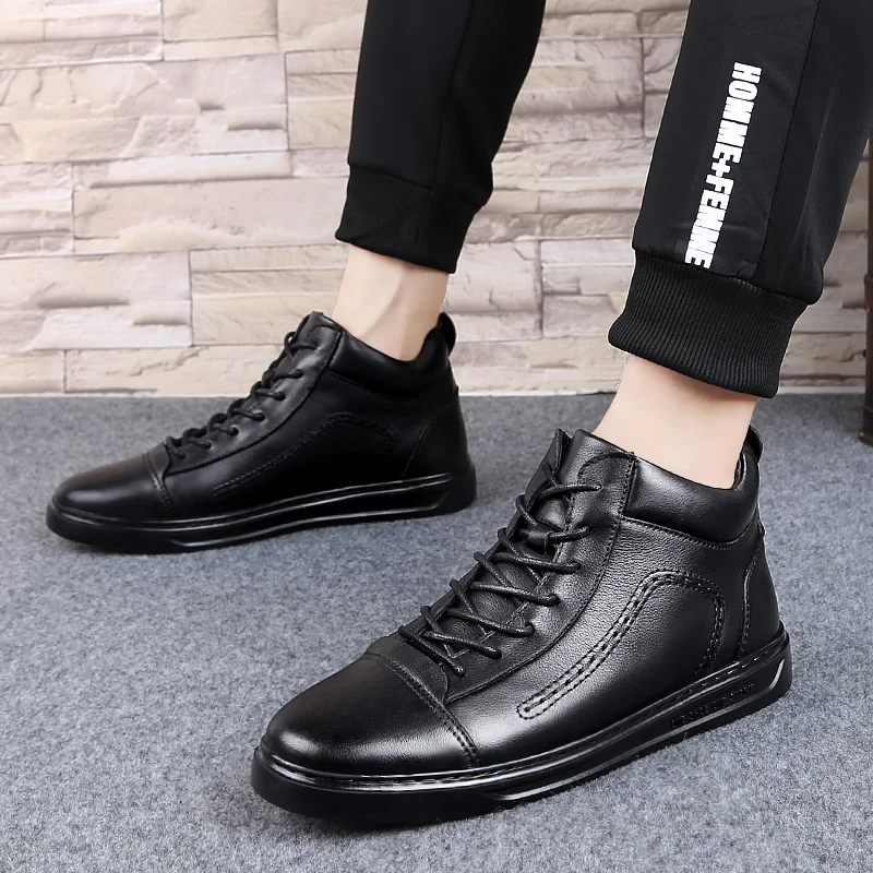 

Genuine Leather Men Boots with fur plush Winter Ankle snow Boots Riding Boots Outdoor lace up Working Snow Boots Men Shoes