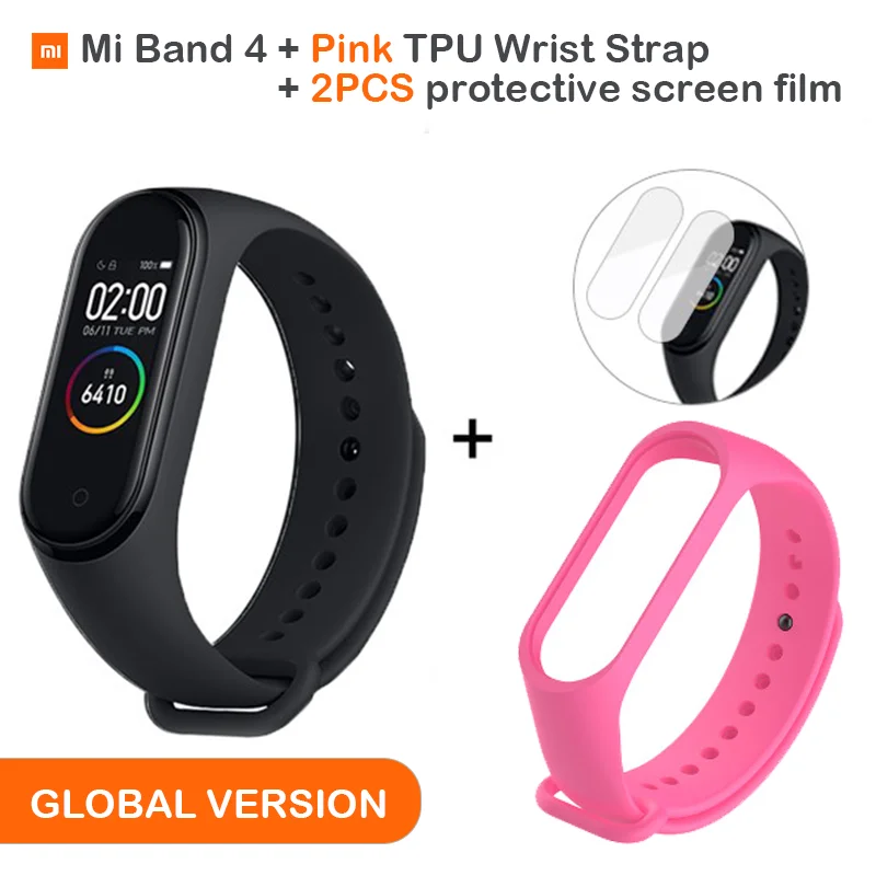Add Pink Strap Глобальная версия, Xiaomi Mi, 4 смарт-браслет, AMOLED экран, Smartband, фитнес-браслет, Bluetooth, спортивный, водонепроницаемый - Цвет: Add Pink Strap