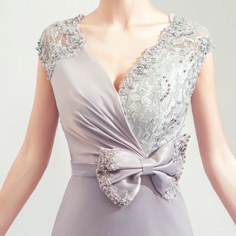 

Gray Luxury Evening Dress Illusion V-Neck Sleeveless Lace Tulle A-Line Crystal Pleat Embroidery Elegant Lady Party Dresses TS298