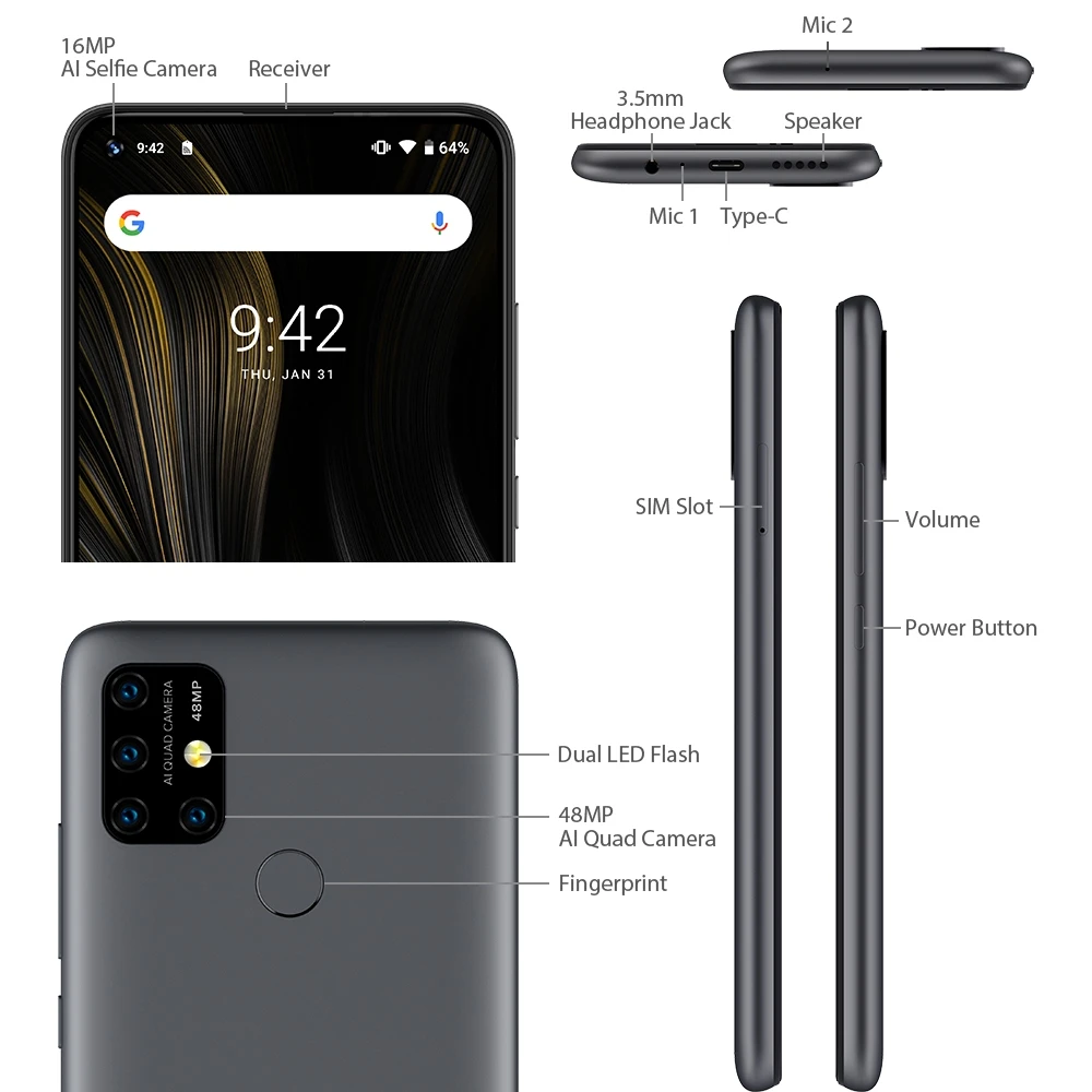 UMIDIGI power 3 Android 10 48MP Quad AI камера 6150mAh 6,5" FHD+ 4 Гб 64 Гб Helio P60 глобальная версия смартфон NFC Face ID NFC