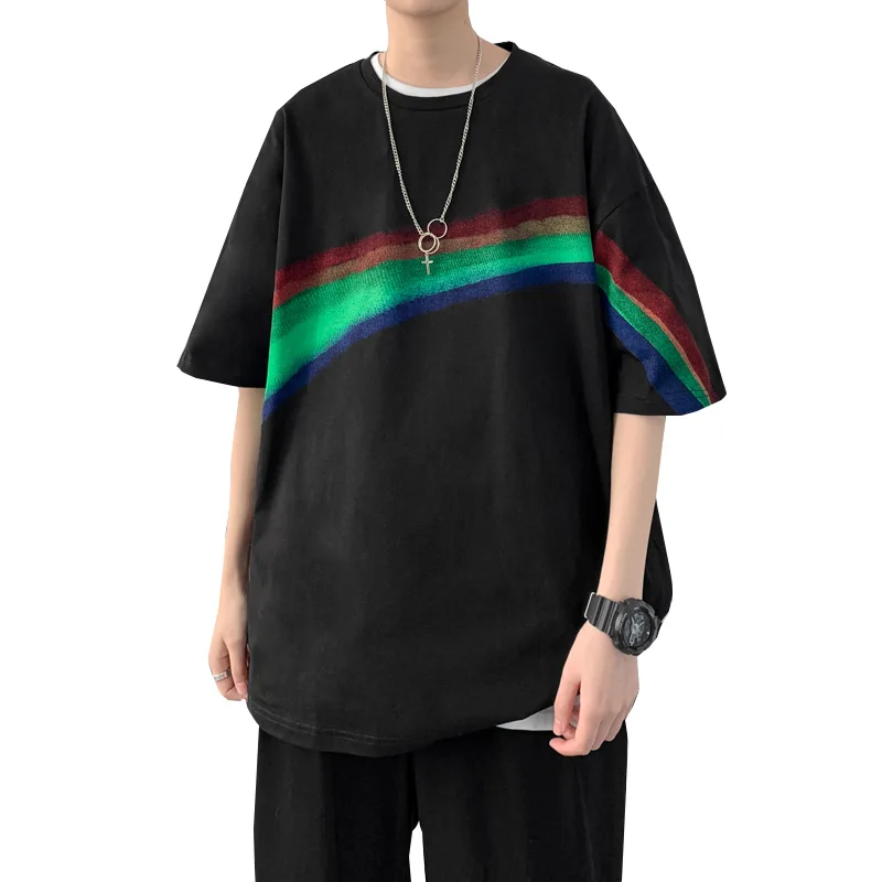 

Korean Style Loose Rainbow Print Oversized T-Shirt Kpop Hip Hop Couples Top Men Clothing Harajuku Short Sleeve Streetwear
