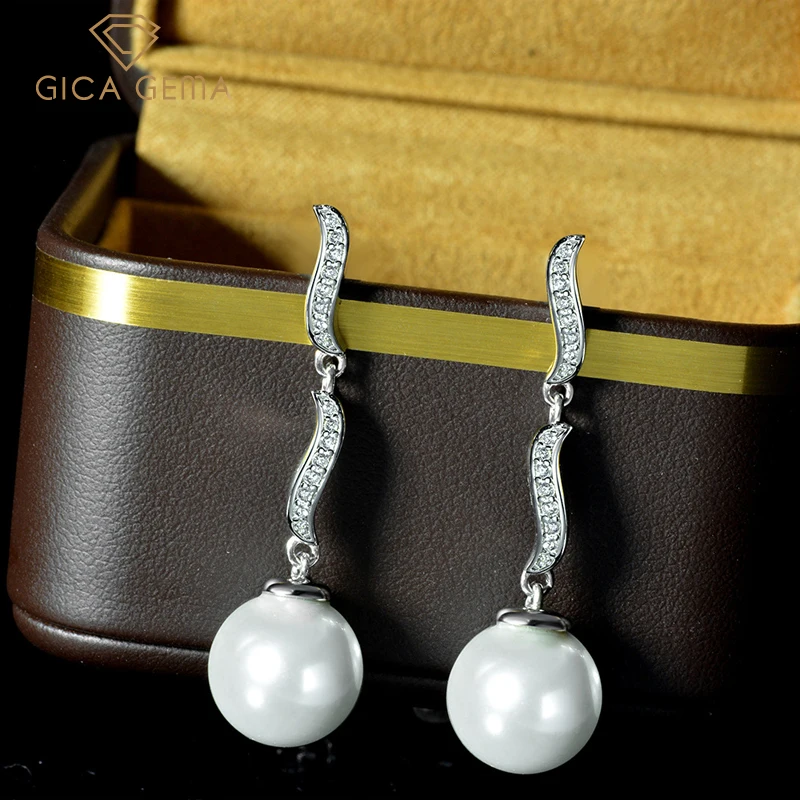 

GICA GEMA 925 Sterling Silver 12mm Pearl High Carbon Diamond Drop Earrings For Women Sparkling Wedding Party Fine Jewerly Gift