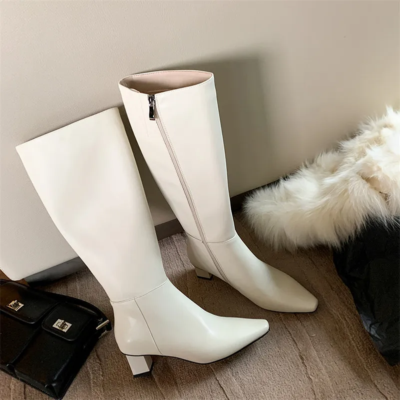 

Meotina Women Knee High Boots Shoes Genuine Leather Block Heels Lady Boots Pointed Toe High Heel Long Boots Autumn Winter 33-40