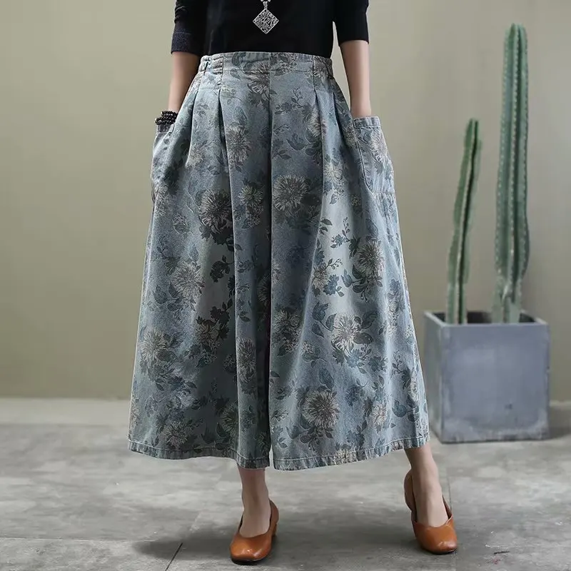 

Original spring new retro print ji strap denim wide leg pants loose large size nine points skirt pants wild tide