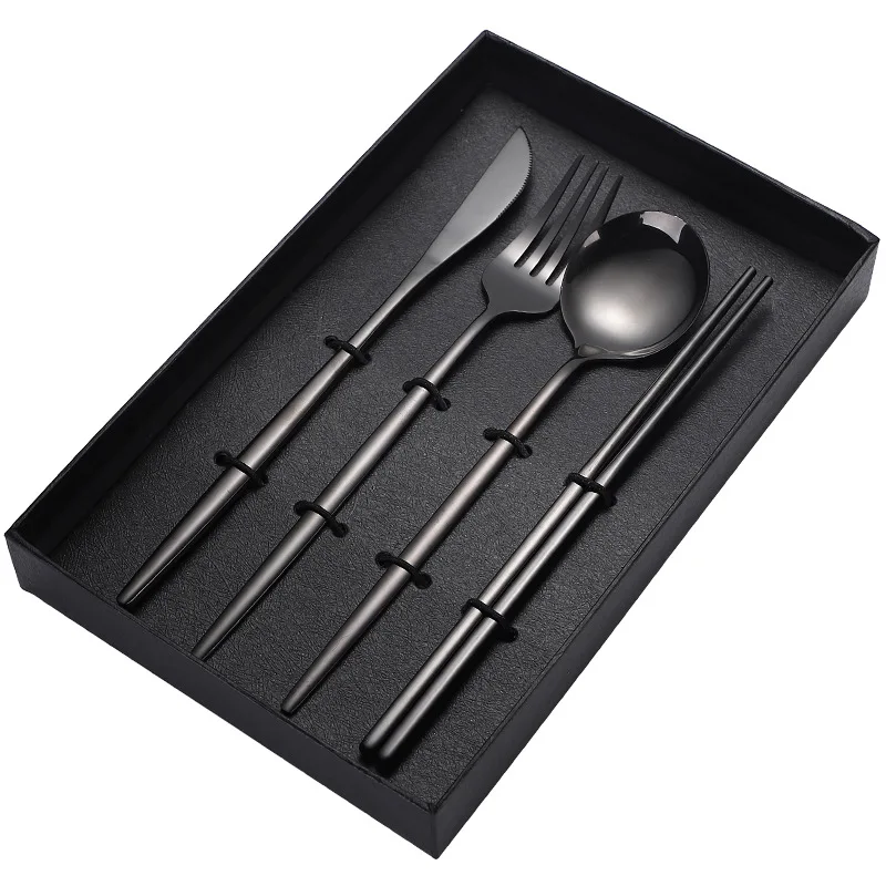 

Gold Spoon Knife and Fork Set Steel Knife Fork Spoon Chopsticks Dinner Service Black Dinnerware for Kitchen Reuse Dinner Set