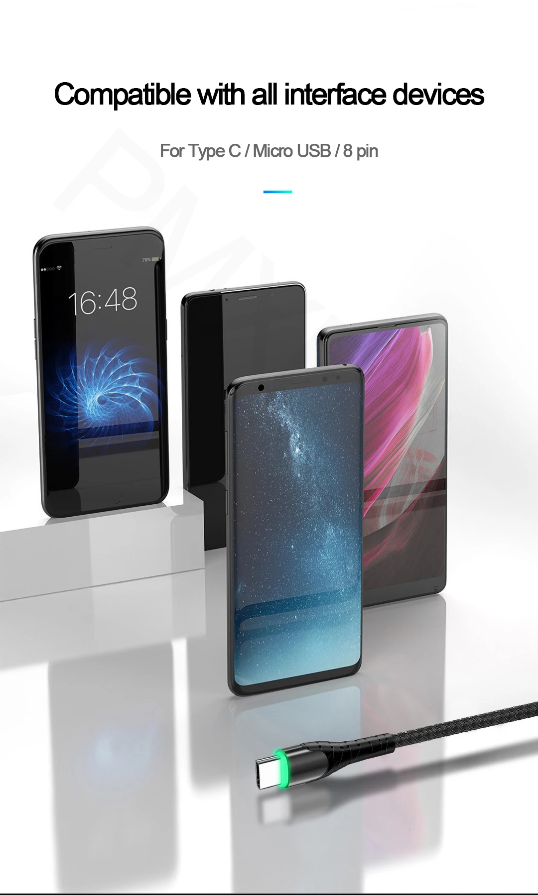 3,0 USB кабель, светодиодный, с нейлоновой оплеткой, 3 А, быстрая зарядка для iPhone 11, samsung, huawei, мобильного телефона, Micro usb type C, 1 м, провод для быстрой зарядки