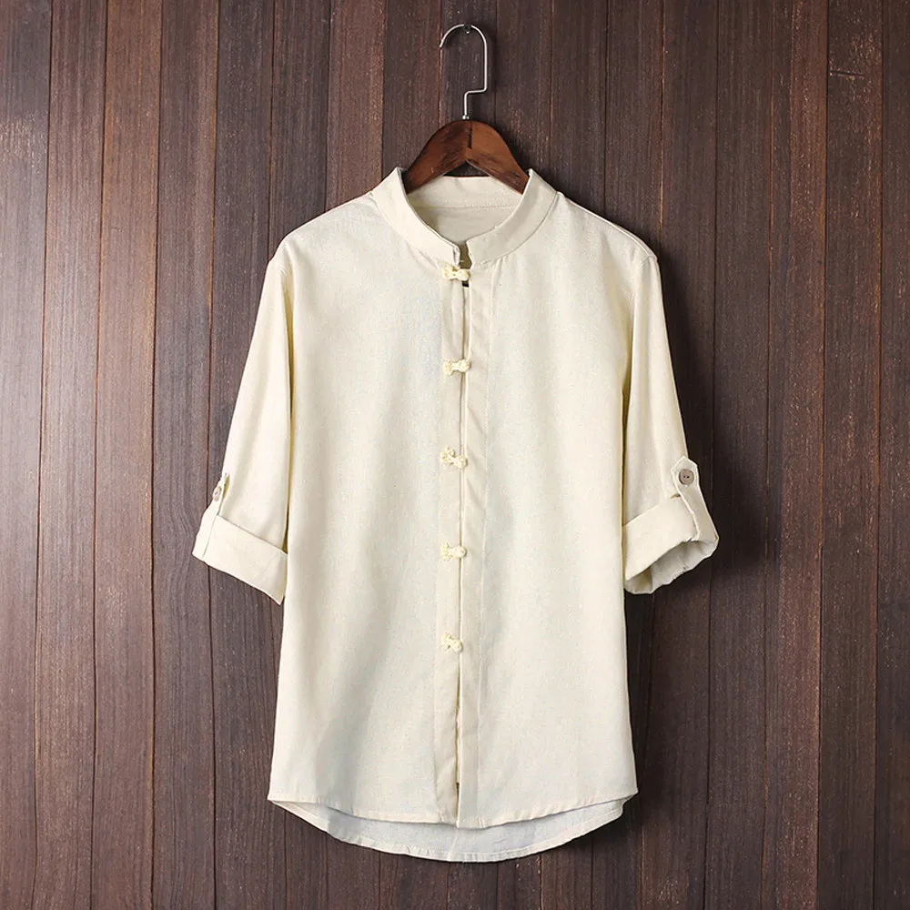 Мужские рубашки blusa masculina, китайский стиль, рубашка Кунг-фу, Мужской Топ, костюм Тан, 3/4 рукав, льняная рубашка, уличная одежда, camisa masculina