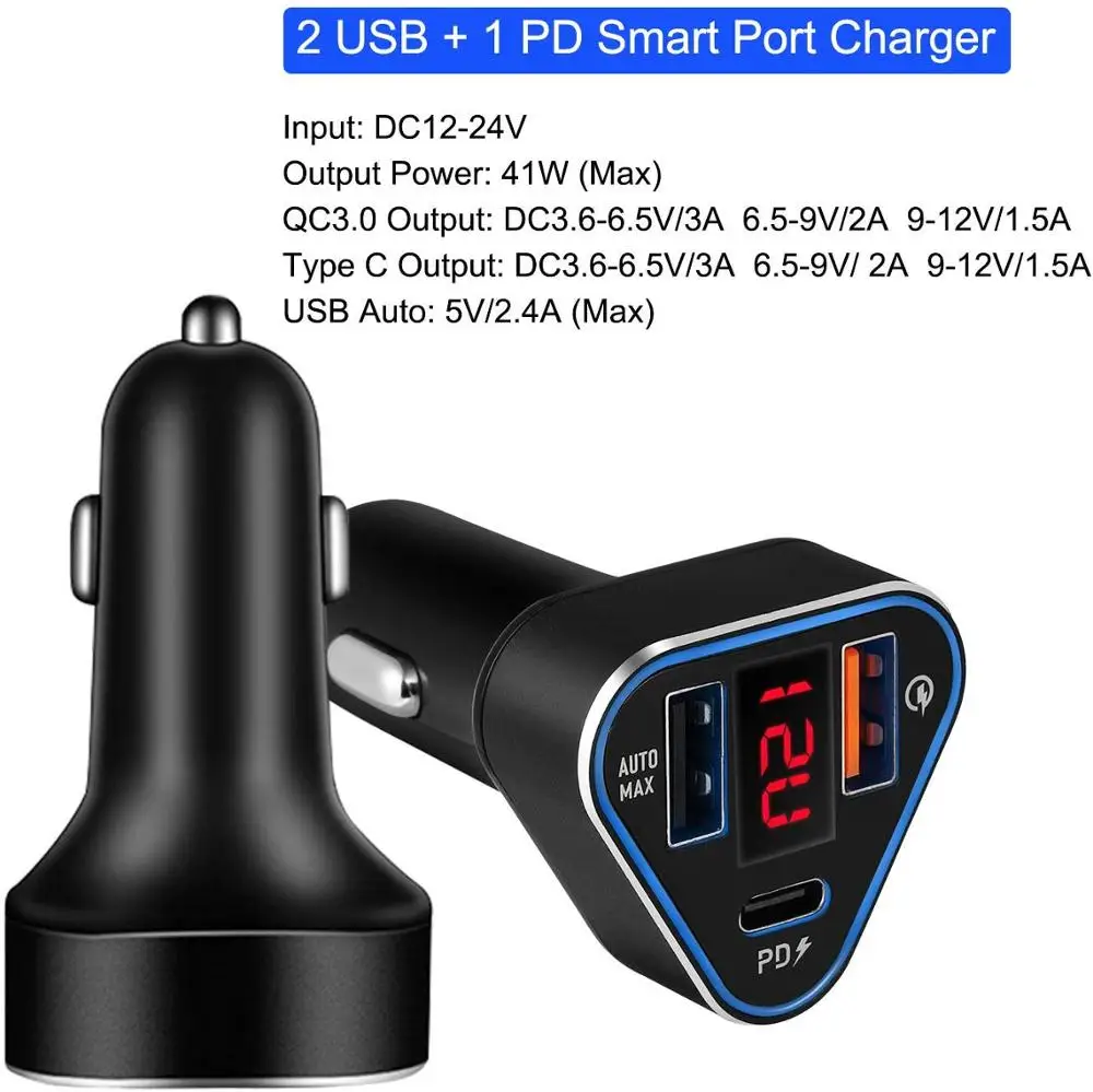 3 в 1 Автомобильное зарядное устройство QC 0 USB PD Type C Быстрая зарядка ЖК дисплей для