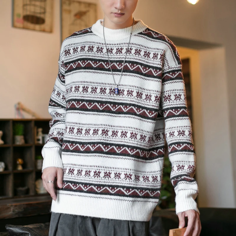 Мужской трикотажный свитер с геометрическим рисунком повседневный Свободный