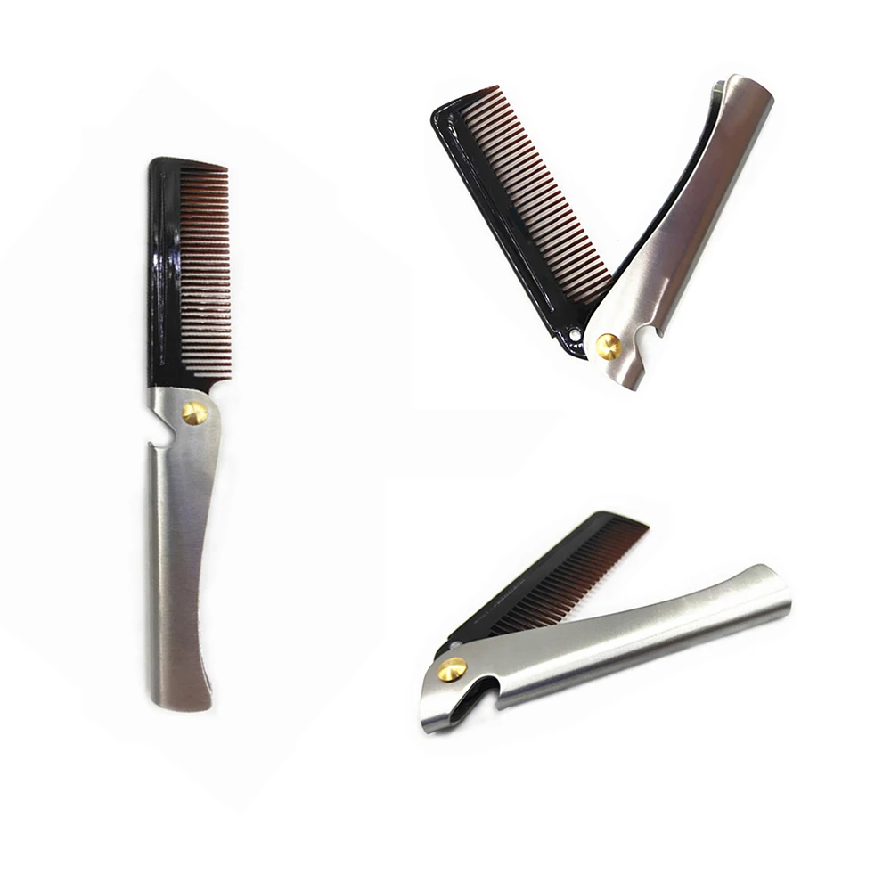 

1 PCS Men Folding Pocket Comb Knife Shape PC Teeth Detangling Hair Beard Comb Metal Handle Foldable Combing Facial Mustache Comb