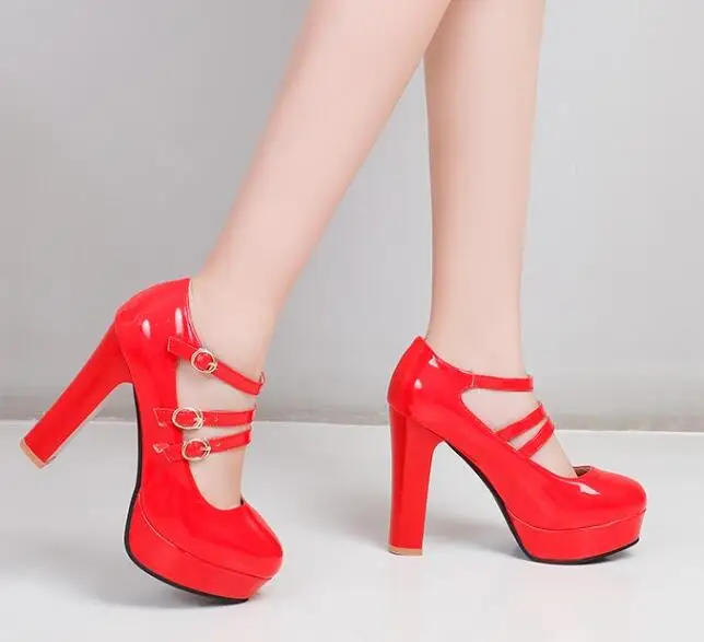 

Chic Womens High Heel Round Toe Patent Leather Wedding Ankle Strap Buckle Casual Shoes