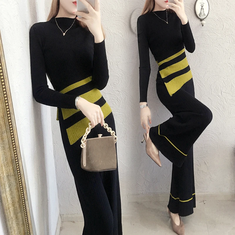 

Модный Элегантный женский темперамент вязаный женский костюм Зима Новый женский свитер Весна и осень широкие брюки из двух частей