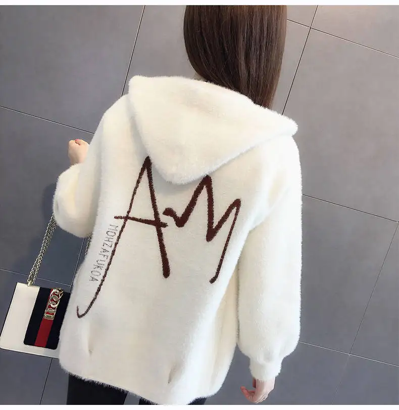 Women Mink Fur Jacket Autumn Winter Women Coat Loose Embroidered Thick Velvet Hooded Sweater Female Cardigan