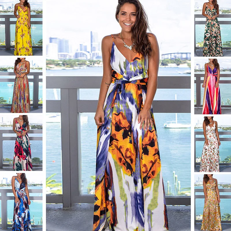 Макси длинное платье 2020 летние платья женское с цветочным принтом в стиле бохо