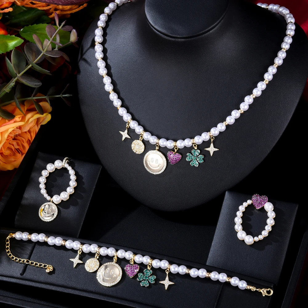 

New Luxury Bridal Wedding Big Sparkling Pearls beads Pendant Earrings Necklace Jewelry Set Super CZ New Design Fashion Jewelry