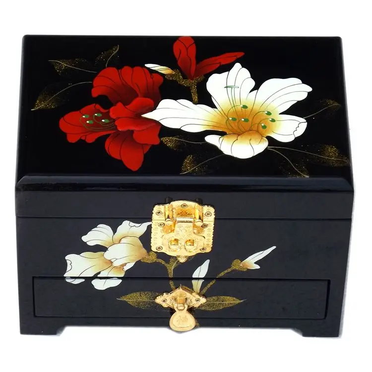 Chinese Lacquerware 3 Layer Wood Jewelry Drawer Box Wholesale Packaging with Lock Decoration Storage Boxes Wedding Jewelry  Case