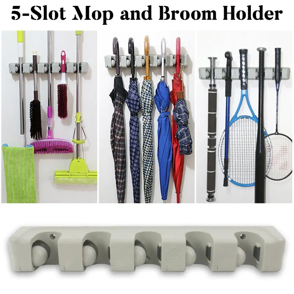 

Home Mop holder wall mounted mop and Broom organizer holder Bathroom Kitchen Storage Tools Rack with 5 Ball Slots and 6 Hooks