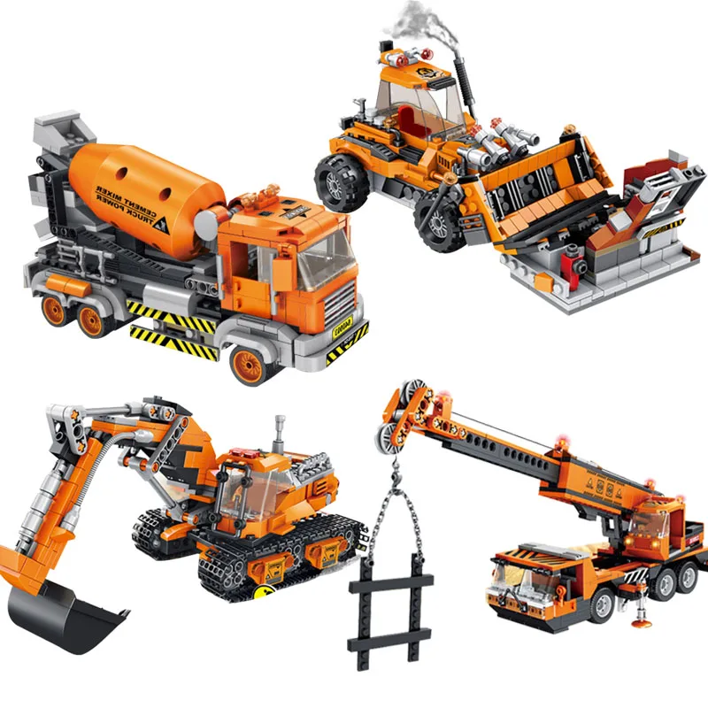 

City Construction Engineering Vehicle Working Excavator Bulldozer Crane Cement Mixer Dump Truck Loader Kids Toys Building Block