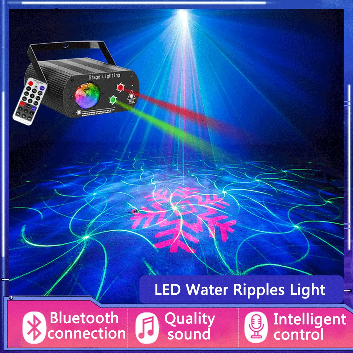 LED RGB Disco Lights Water Ripples Sound Activated Laser Projector Remote Control Strobe Effect With Bluetooth For Home DJ Party