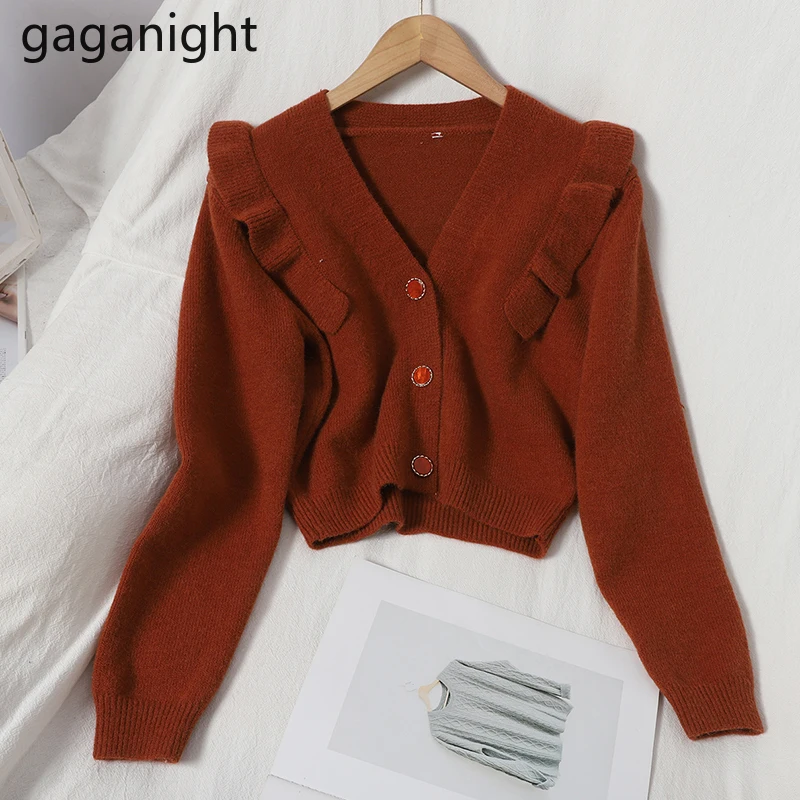 GAGANIGHT Sweet Cropped Cardigan Solid V-neck Stringy Selvedge Knitted Girls Autumn Winter Korean Fashion Outwear Tops |