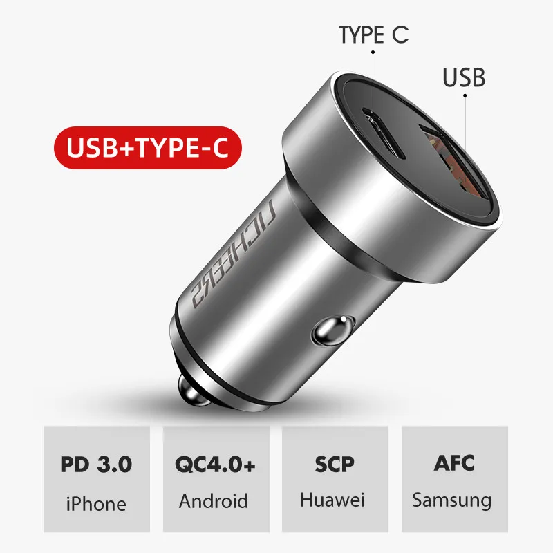 Type C USB LINGCHEN автомобильное зарядное устройство 36 Вт Быстрая зарядка 4,0 3,0 Металл двойной USB для iPhone Xiaomi HUAWEI samsung usb type C 5A PD быстрое автомобильное зарядное устройство - Тип штекера: Type C USB