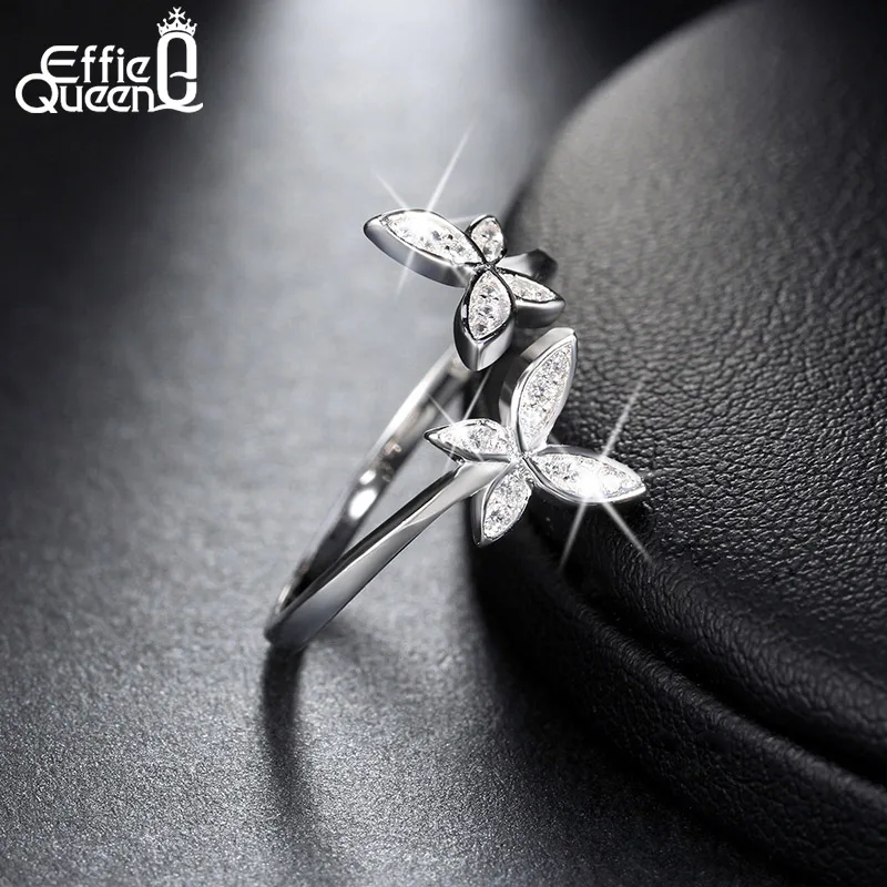 Effie queen 925 пробы серебряные кольца для женщин AAA кубический циркон четыре цвета бабочка цветок Открытое кольцо ювелирные изделия подарок TSR10