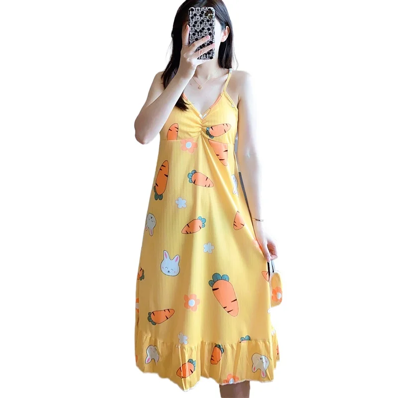 Women's Nightdress Summer Sling Sexy Nightgown & Sleepstirts with Chest Pad Long Knee Length Home Wear Sexy Nightwear Sleepwear