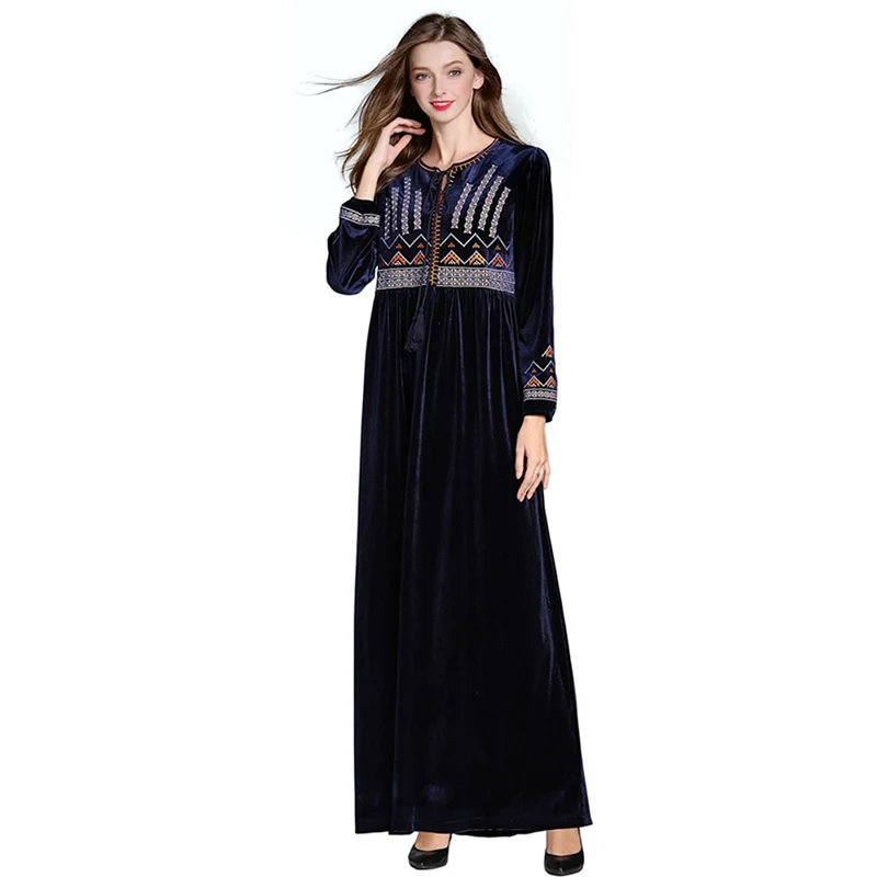 Женское длинное платье-мусульманка с длинным рукавом велюровое платье вышивкой