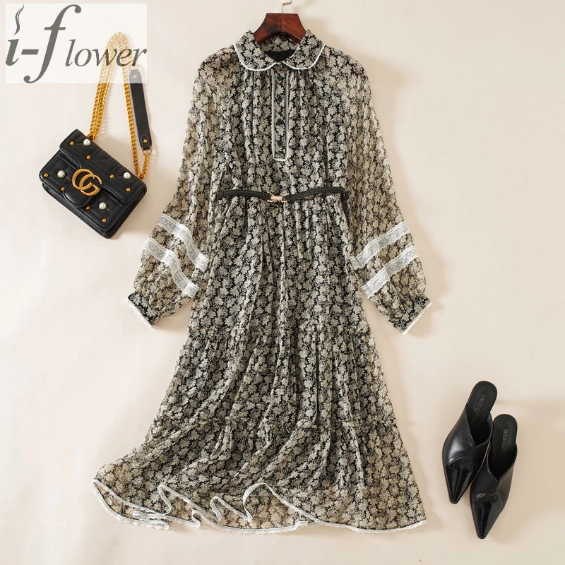 

100 % Natural Mulberry Silk Dress Women 2021 Summer Elegant Printing Midi Dress Turn Down Collar Full Sleeve Loose Floral Robe