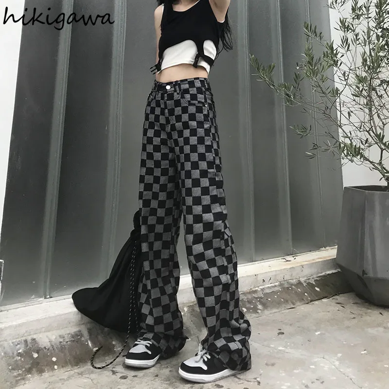 

Hikigawa Jeans for Women Fashion Streetwear Plaid Straight Wide Leg Pants High Waist Slim Fit New Bottoms Korean Casual Trousers