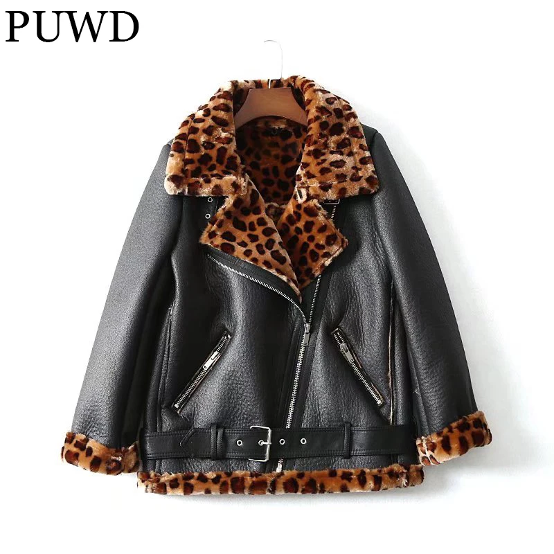 

PUWD Warm Women Leopard Print Pattern Faux Fur Jacket 2021 Winter Leisure Streetwear Comfortable Trend Slim Female Thick Outwear