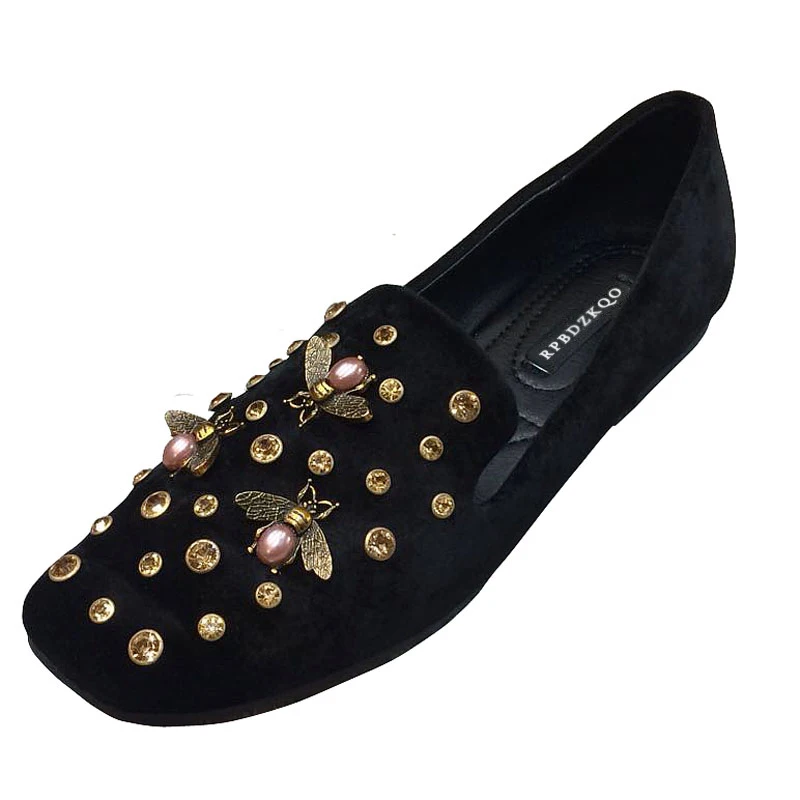Фитнес Diamond Rhinestone Черный Кристалл Квадратный Toe Bee Дамы Красивые Квартиры Обувь Китайские Мокасины Весна Осень Замша Женщины
