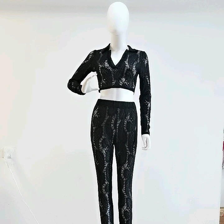 

Hot Selling Fall 2022 Women Clothes Sexy Black White Lace Sports Two Piece Casual Pant set