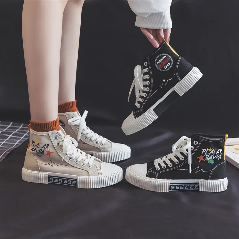

2020 Fashion Women's Sneakers Vulcanized Shoes Black Breathable Platform High top Canvas Shoes Women Espadrilles zapatillas lona