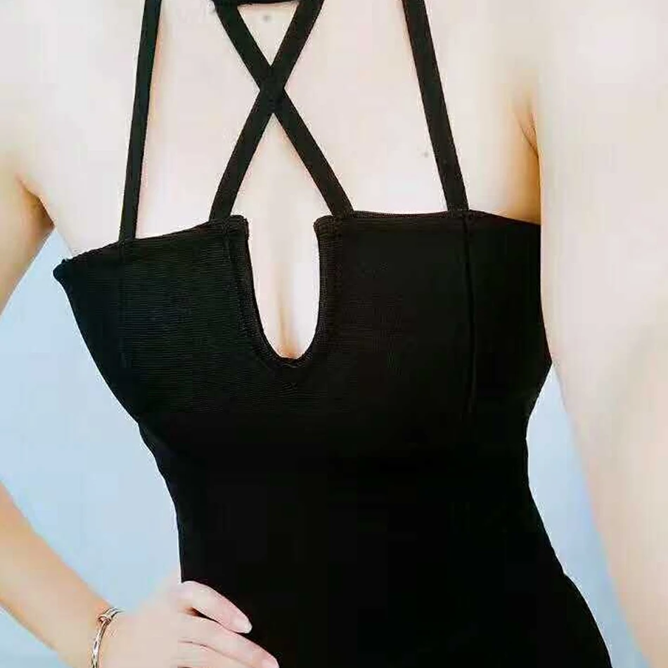 

Summer Sexy Sleeveless V-necked Midi Celebrity Evening Dress with Black Strap Club Bandage