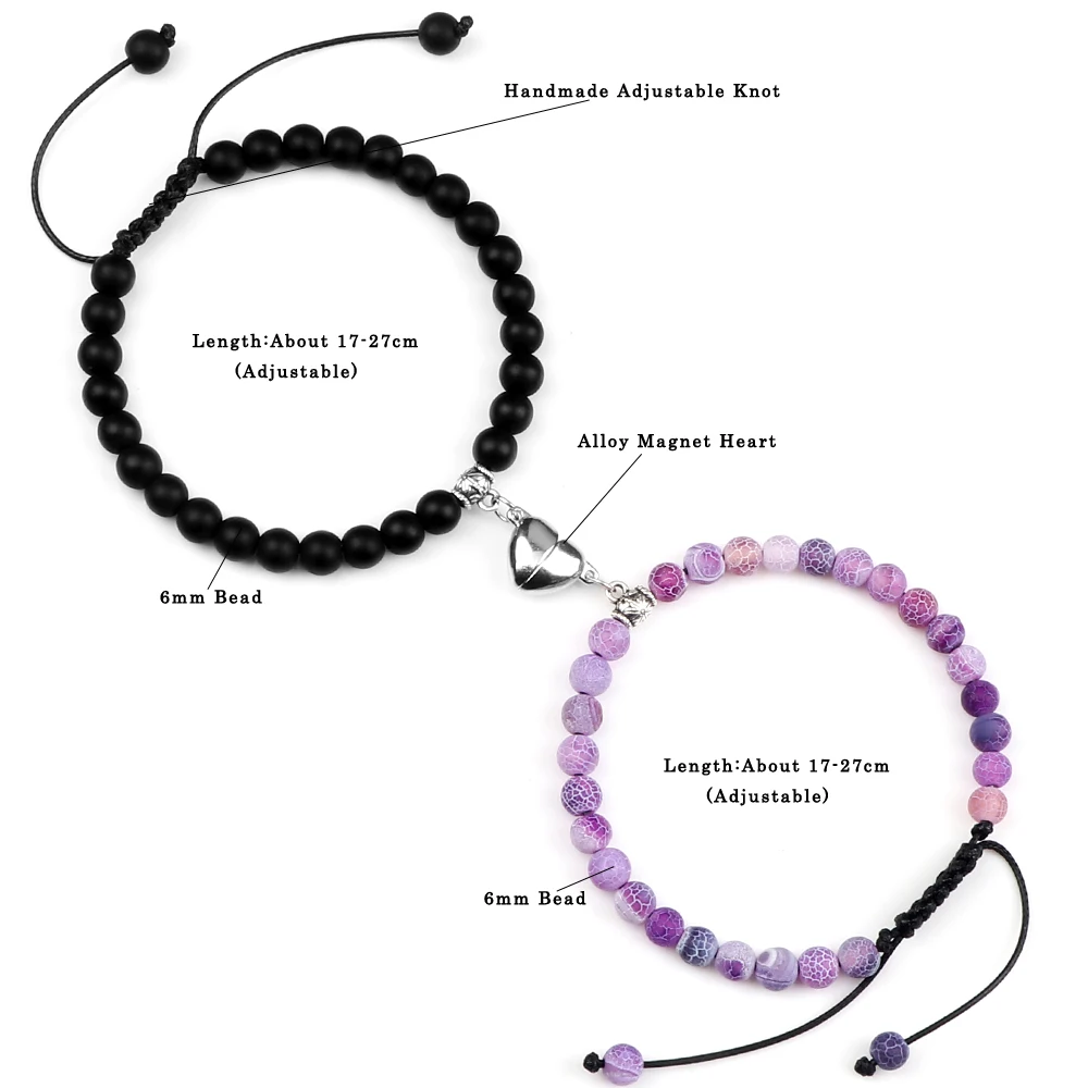 Fashion 2pcs/set Natural Stone Beads Bracelets Handmade Braid Adjustable Magnet Heart Lovers Bracelet Charm Couples Jewelry Gift images - 6